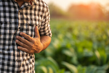 injuries or Illnesses, that can happen to farmers while working. Man is using his hand to cover over left chest because of hurt,  pain or feeling ill