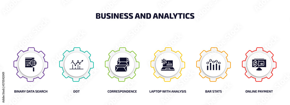 Poster business and analytics infographic element with filled icons and 6 step or option. business and anal