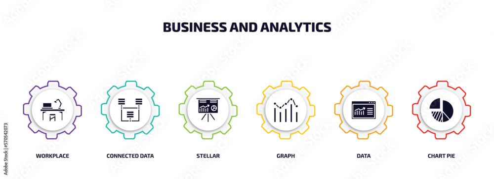 Aufkleber business and analytics infographic element with filled icons and 6 step or option. business and anal