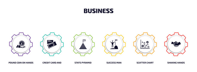 business infographic element with filled icons and 6 step or option. business icons such as pound coin on hands, credit card and ticket, stats pyramid, success man, scatter chart, shaking hands