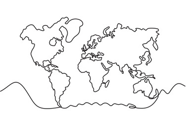 World map continuous line drawing. Hand drawn simple stylized continents silhouette. Continuous line drawing. Isolated vector illustration