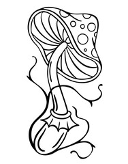 Vector fantasy magic mushroom. Psychedelic hallucination. Outline vector illustration isolated on white. 60s hippie art. Coloring book for kids and adults. Tattoo design, trendy romance symbol.