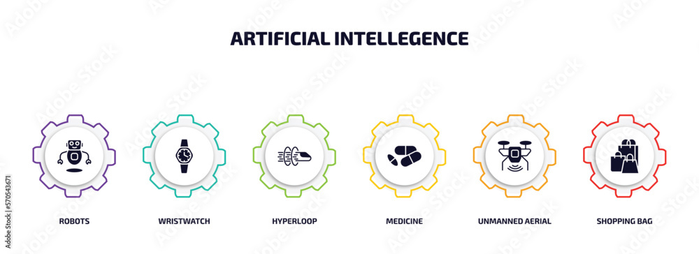 Poster artificial intellegence infographic element with filled icons and 6 step or option. artificial intel