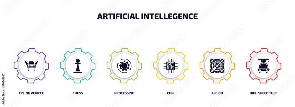 Poster artificial intellegence infographic element with filled icons and 6 step or option. artificial intel