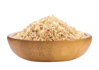 Raw brown rice in wooden bowl isolated. PNG transparency