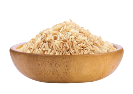 Raw brown rice in wooden bowl isolated. PNG transparency