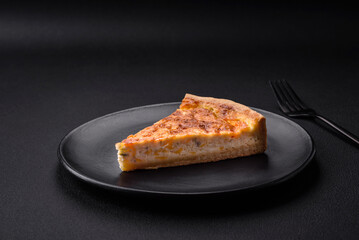 Beautiful delicious quiche pie with four types of cheese with spices and herbs
