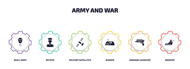 army and war infographic element with filled icons and 6 step or option. army and war icons such as skull army, officer, military satellites, bunker, grenade launcher, warship vector.