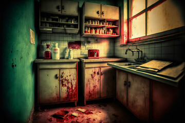 An old and dark interior of a haunted hospital with blood stains on the walls. Retro and eerie atmosphere, perfect for creating horrific atmospheres. Generative AI - obrazy, fototapety, plakaty