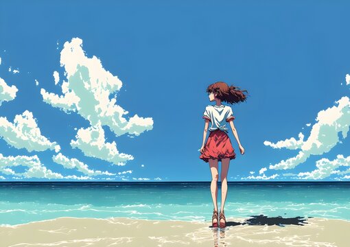 woman standing on the sea looking at the summer sky, illustration