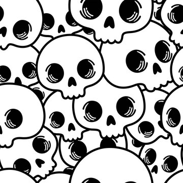 Black and white pattern of human skulls. Funny skull faces. Monochrome ornament. Scary Halloween pattern. Suitable for printing on fabric. Cute skulls. Halloween seamless illustration.