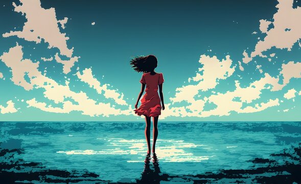 Woman Standing On The Sea Looking At The Summer Sky, Illustration