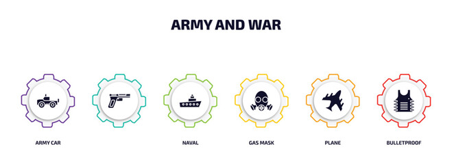army and war infographic element with filled icons and 6 step or option. army and war icons such as army car, , naval, gas mask, plane, bulletproof vector.