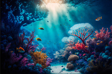 Fototapeta na wymiar Crystal clear blue water and colorful exotic fish swimming in the sunlight that illuminates the ocean for a perfect idyllic setting. Generative AI