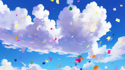 紙吹雪が舞うアニメ調の青空と雲 Anime-style blue sky and clouds with confetti