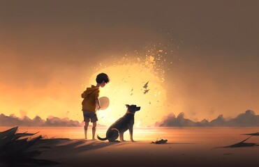 Puppy looking at the boy shattering into dust against the sutset background, digital art style, illustration painting, Generative AI