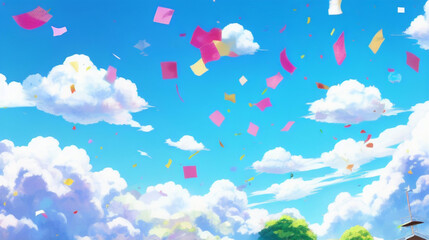 Fototapeta na wymiar 紙吹雪が舞うアニメ調の青空と雲 Anime-style blue sky and clouds with confetti