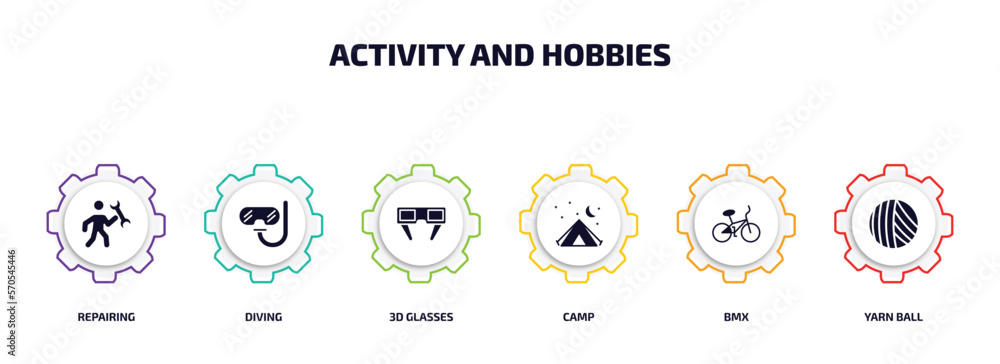 Aufkleber activity and hobbies infographic element with filled icons and 6 step or option. activity and hobbie