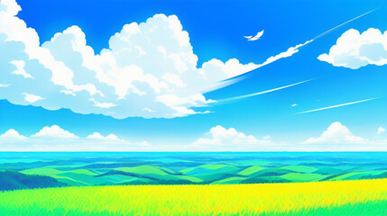 Naklejka na ściany i meble アニメ調の空の背景　流れる雲と清涼感　Anime-style sky background Flowing clouds and refreshing feeling
