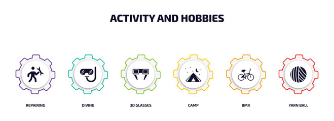 activity and hobbies infographic element with filled icons and 6 step or option. activity and hobbies icons such as repairing, diving, 3d glasses, camp, bmx, yarn ball vector.