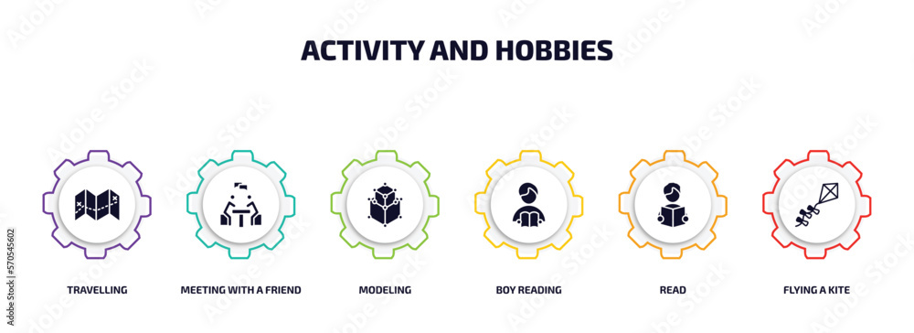 Poster activity and hobbies infographic element with filled icons and 6 step or option. activity and hobbie