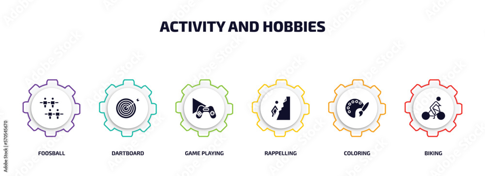 Poster activity and hobbies infographic element with filled icons and 6 step or option. activity and hobbie