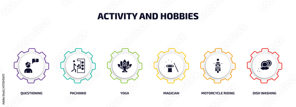Poster activity and hobbies infographic element with filled icons and 6 step or option. activity and hobbie