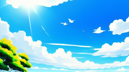 Obraz na płótnie Canvas アニメ調の空の背景　流れる雲と清涼感　Anime-style sky background Flowing clouds and refreshing feeling