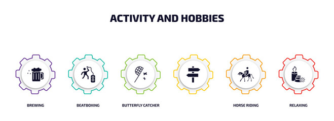 activity and hobbies infographic element with filled icons and 6 step or option. activity and hobbies icons such as brewing, beatboxing, butterfly catcher, , horse riding, relaxing vector.