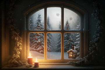 Winter window and snow outside. Generative ai.
