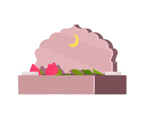 Cemetery. Muslim tombstone. Grave. Flowers on a stone. Pink bouquet. Vector illustration.