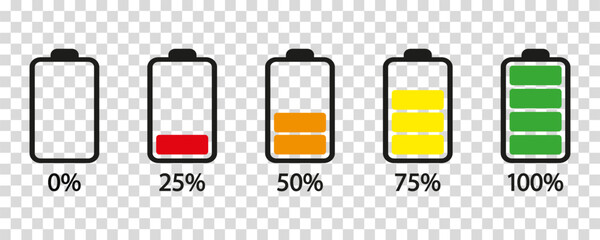 Battery charge level set. Battery charging, charge indicator. Battery icons going from 0 to 100% from red to green. EPS 10 - obrazy, fototapety, plakaty
