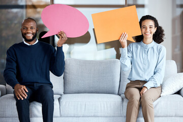 Marriage counseling, session or speech bubble with a married couple on a sofa in a psychologist...