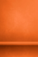 Empty shelf on a neon orange concrete wall. Background template. Vertical mockup