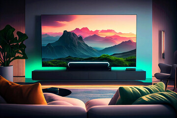 Beautiful living room with big tv screen. Generative ai.