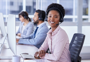 Black woman, call center and portrait smile in contact us for telemarketing, customer support or...