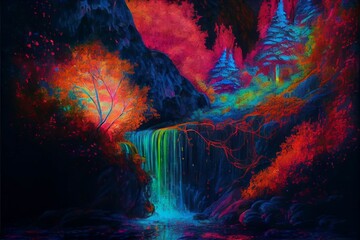 Fototapeta na wymiar painting of a waterfall in a forest. generative ai.