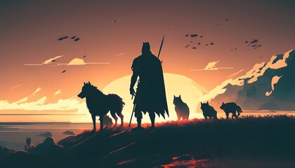 silhouette of a warrior with a pack of wolves looking at sunset sky, digital art style, illustration painting, Generative AI