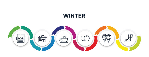 winter outline icons with infographic template. thin line icons such as logs, winter cabin, hot tea, snow ball, snowshoes, winter boots vector.