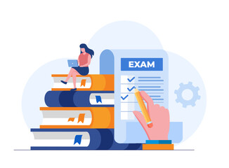 Exam concept, examination, online test, answer, checklist, student, collage, flat illustration vector banner