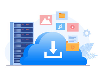 Cloud system, file download, database protection concept, data center, file management, flat illustration vector landing page template