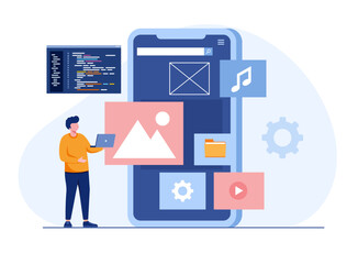 Web design, man with a laptop, ui ux and programmer with computer, software development, flat illustration vector template