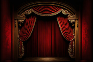 Red curtain, red seat, solemn and luxurious atmosphere for a traditional theatrical performance. Ideal for emotionally intense posters and designs. Generative AI