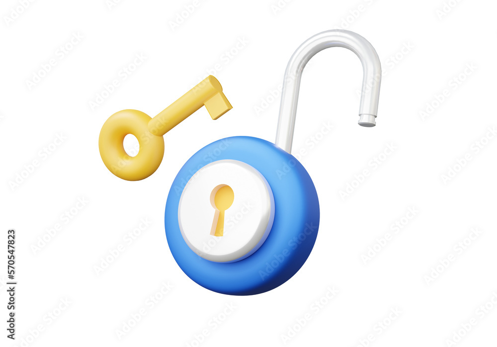 Poster unlock padlock icon floating on isolated. key security protection concept. account identity id priva