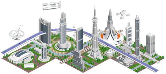 ブロックのように組み合わせれば大きな未来都市になる街並みイラスト「ブロックタウン未来都市A」
バリエーションあり