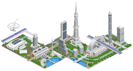 ブロックのように組み合わせれば大きな未来都市になる街並みイラスト「ブロックタウン未来都市A」
バリエーションあり