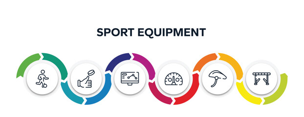 sport equipment outline icons with infographic template. thin line icons such as football players, coin toss, telemetry, kmh, bike helmet, hurdle vector.