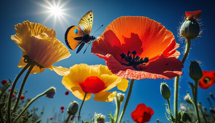 Bright colorful yellow and red flowers of poppies with butterfly summer day bright colours and backdrop with blur and rays of sunlight. AI Generated Art.