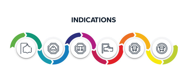 indications outline icons with infographic template. thin line icons such as ornamental, mine site, swings, rectangular, scholar bus stop, school bus stop vector.