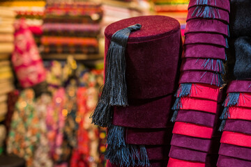 Turkish traditional red hat fez, fes or tarboosh with arabic  or